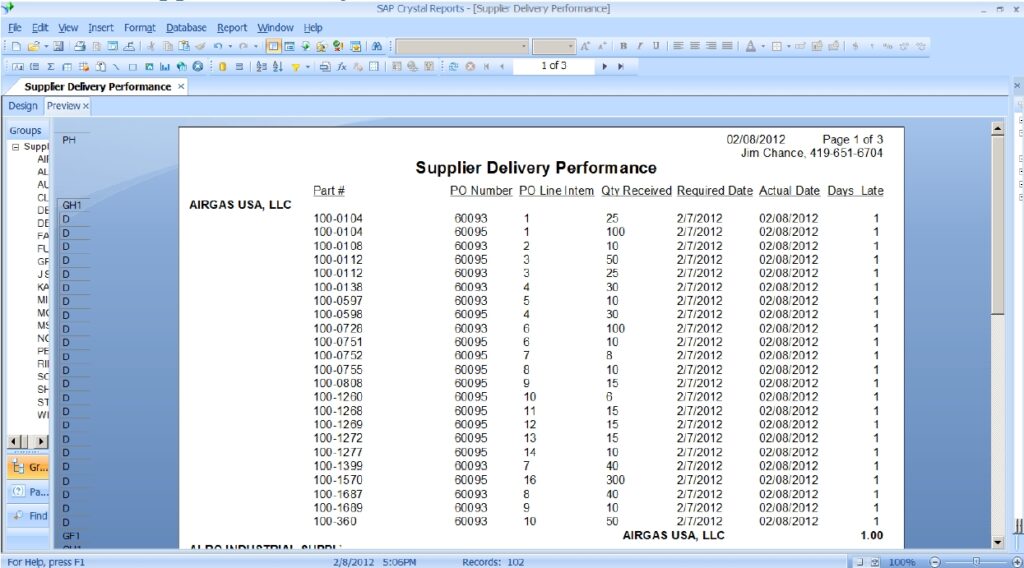 Epicor ERP screenshot: Supplier Delivery Performance