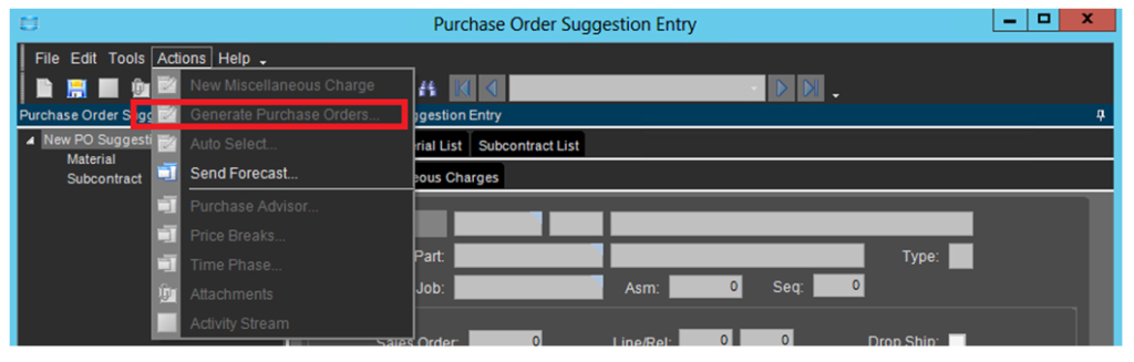 ERP Epicor purchase order suggestion entry screenshot